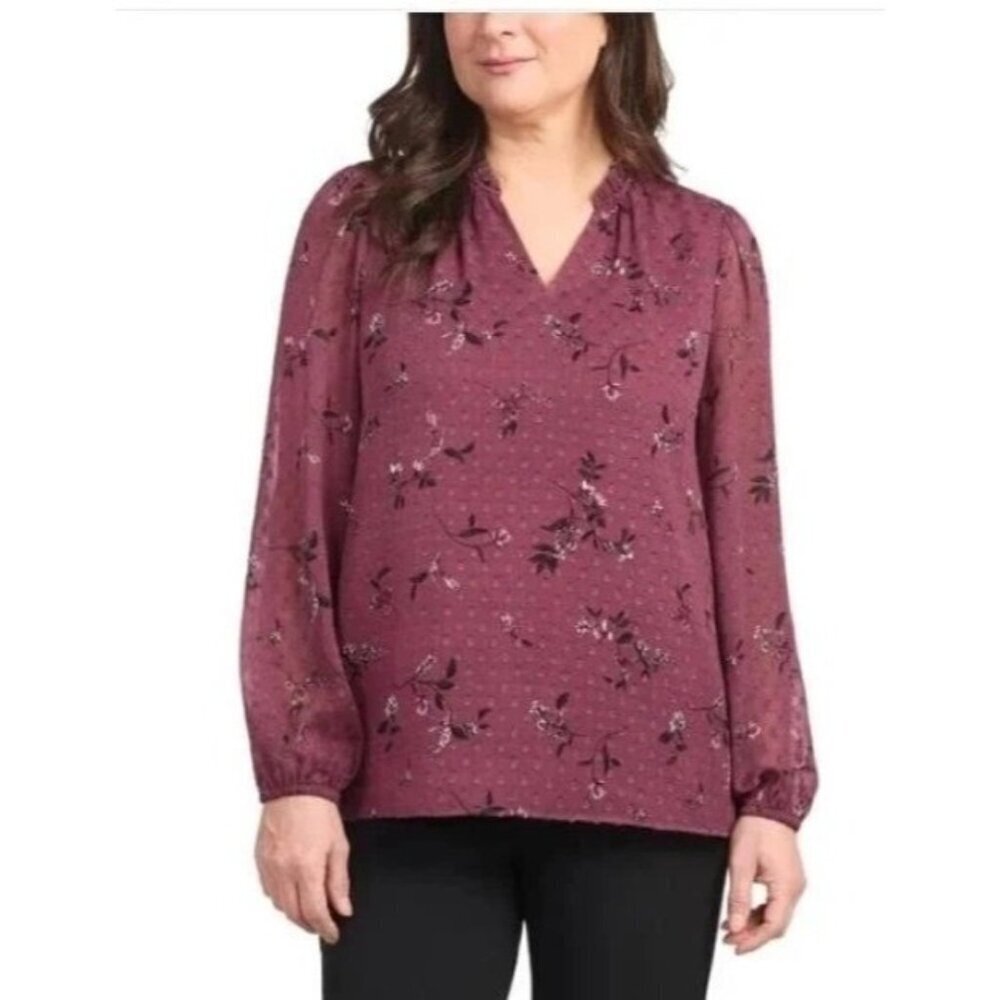 Hilary Radley Women's L Burgundy Floral Chiffon Blouse N0379